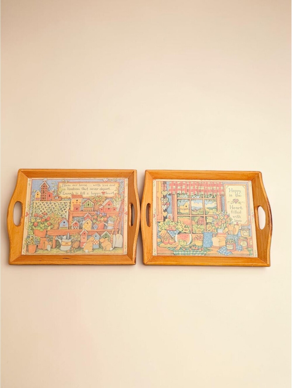 Vtg Susan Winget Wooden Serving Trays Lot of 2 Country Birdhouse Happy Heart